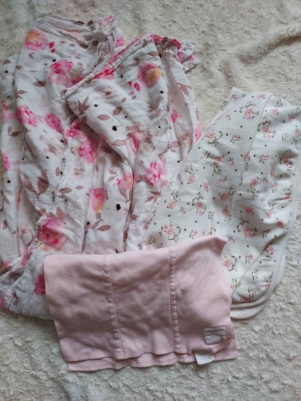 BUNDLE Pink Floral Baby Girl Blanket Set Swaddle Blanket & Burp Cloth Starter